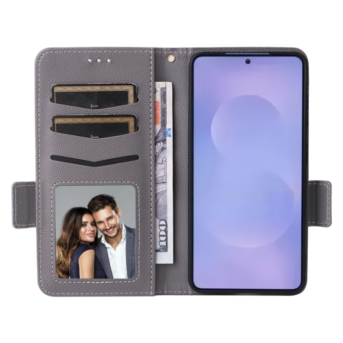 A-One Brand - Galaxy S26/S26 Pro Plånboksfodral Litchi Läder med Rem - Grå
