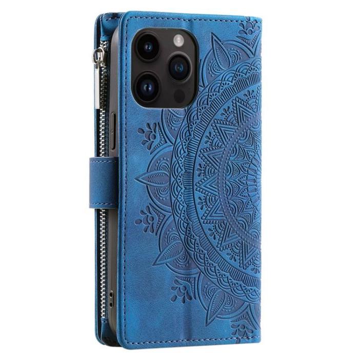 OEM - iPhone 15 Pro Max Plånboksfodral Mandala Flower Imprinted - Blå