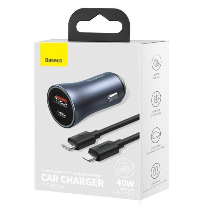 BASEUS - Baseus Golden Billaddare USB Till USB-C 40 W Lightning Kabel - Grå