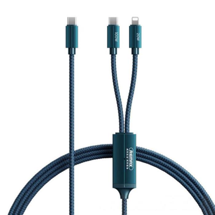 Remax - REMAX 2in1 USB-C till USB-C, Lightning Kabel 100W 1m - Blå