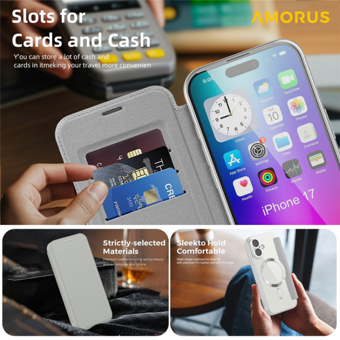 Amorus - AMORUS iPhone 17 Plånboksfodral MagSafe RFID Blocking - Titangrå