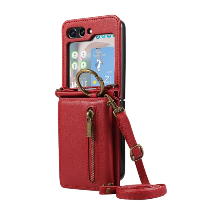 A-One Brand - Galaxy Z Flip 7 Konstläder Plånboksfodral Zipper Kickstand med Axelrem - Röd