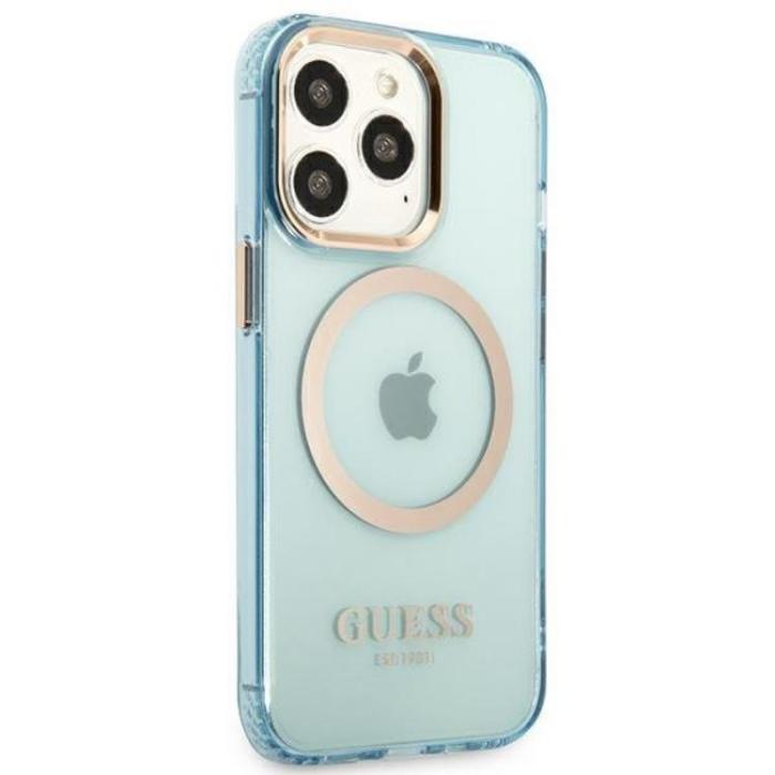 Guess - GUESS iPhone 13 Pro Skal MagSafe Gold Outline Translucent - Blå