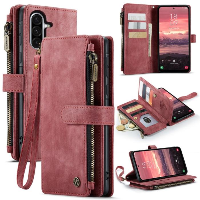 Caseme - CASEME Konstläder Plånboksfodral för Samsung Galaxy A56 5G med rem - Röd