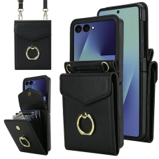 A-One Brand - Galaxy Z Flip7 Plånboksfodral Litchi med Axelrem - Svart