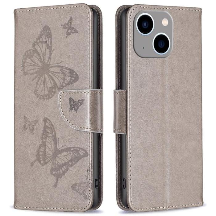 A-One Brand - iPhone 14 Plånboksfodral Butterfly Imprinted - Grå
