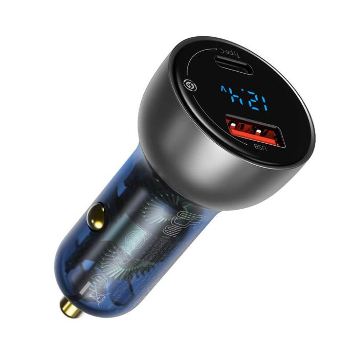 BASEUS - Baseus Billaddare USB/USB-C 65 W 5 A SCP transparent