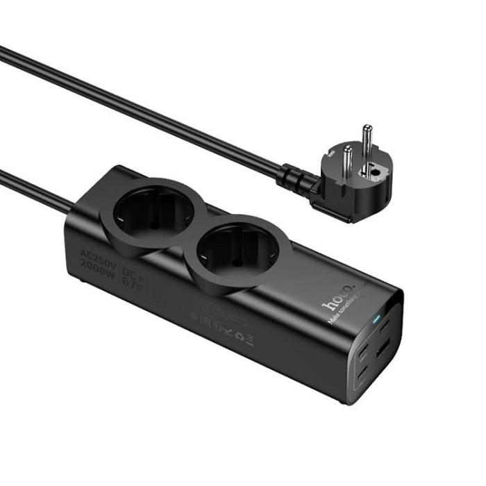 Hoco - Hoco Förlängningssladd 67W 2 uttag 3xTyp-C 1xUSB-A PD QC3.0 3A 2m - Svart