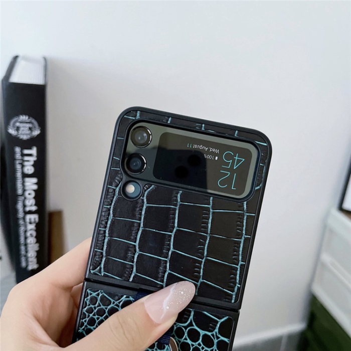 A-One Brand - Galaxy Z Flip 4 Mobilskal Äkta Läder Fingerringhållare - Svart