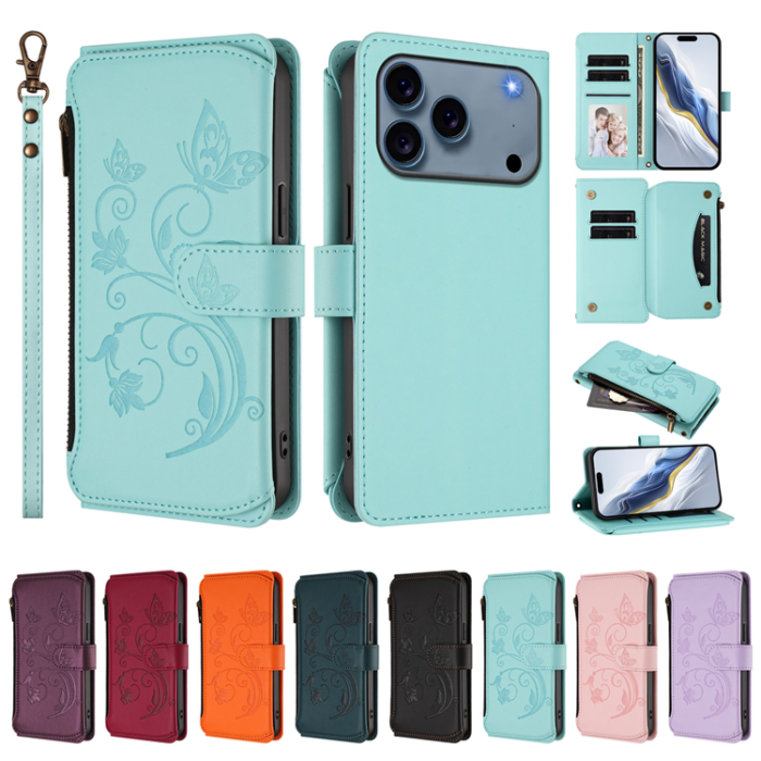 A-One Brand - iPhone 17 Pro Plånboksfodral Butterfly Floral Imprint - Mintgrön