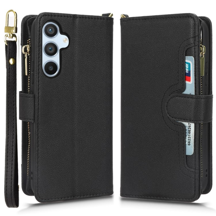A-One Brand - Galaxy A54 5G Plånboksfodral Zipper med Rem - Svart