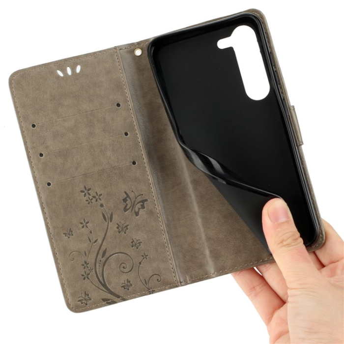 A-One Brand - Galaxy S23 Plånboksfodral Imprinting Flower Butterfly - Grå