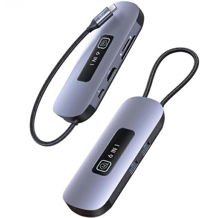 USAMS - USAMS 6in1 Adapter Hubb 100W 2xUSB-A USB-C, HDMI, TF, SD - Grå