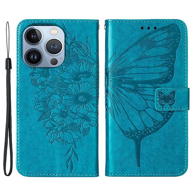 iPhone 14 Pro Max Plånboksfodral Butterfly Flower Imprinted - Blå | 2353 | AlltMobil