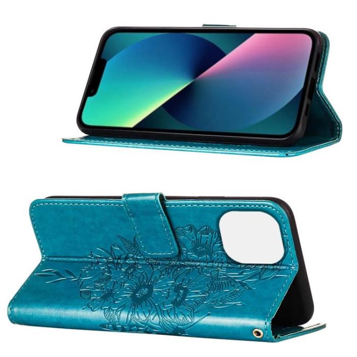 OEM - iPhone 14 Pro Max Plånboksfodral Butterfly Flower Imprinted - Blå