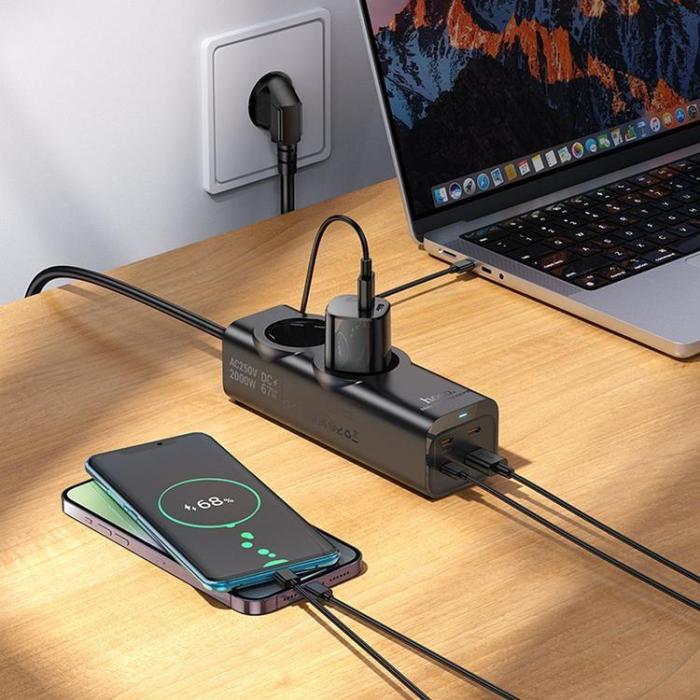 Hoco - Hoco Förlängningssladd 67W 2 uttag 3xTyp-C 1xUSB-A PD QC3.0 3A 2m - Svart