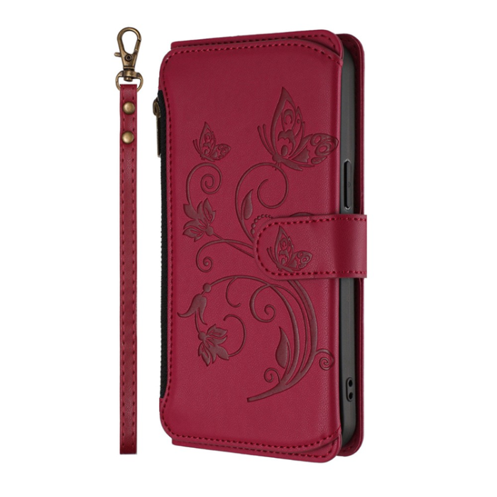 A-One Brand - iPhone 17 Plånboksfodral Butterfly Floral Imprint - Vinröd
