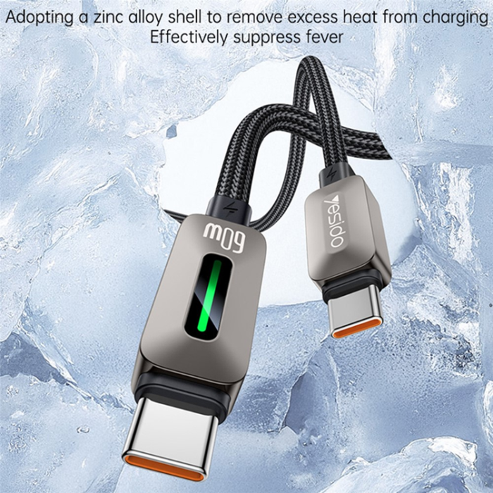 Yesido - YESIDO USB-C - USB-C 60W 3A Kabel 1.2m Zinc Allo - Grå