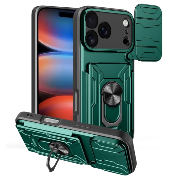 A-One Brand - iPhone 17 Pro Max Mobilskal Kamera Slider PC + TPU Kickstand - Grön