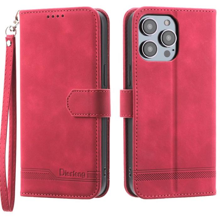 DIERFENG - DIERFENG DF-03 Plånboksfodral för iPhone 15 Pro - Konstläder - Röd