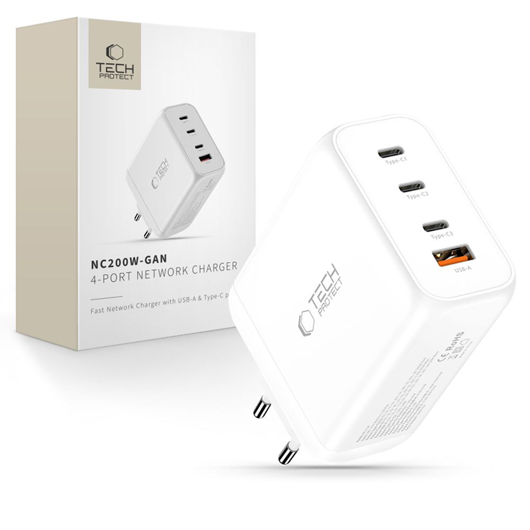 Tech-Protect 4-Port Snabbladdare 200W QC3.0 NC200W-GAN (Vit) | 505295 | AlltMobil