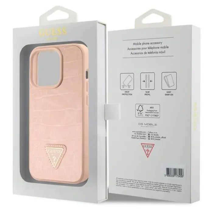 Guess - Guess iPhone 15 Mobilskal Croco Triangle Metal Logo - Rosa