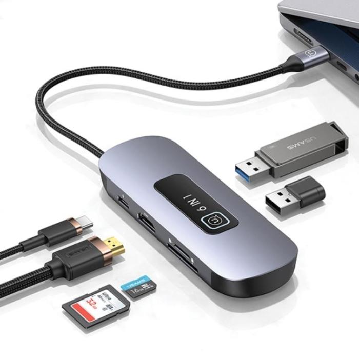 USAMS - USAMS 6in1 Adapter Hubb 100W 2xUSB-A USB-C, HDMI, TF, SD - Grå