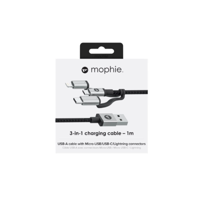 UTGATT1 - Mophie 3in1 USB-A till microUSB Typ-C Lightning Kabel 1M - Svart