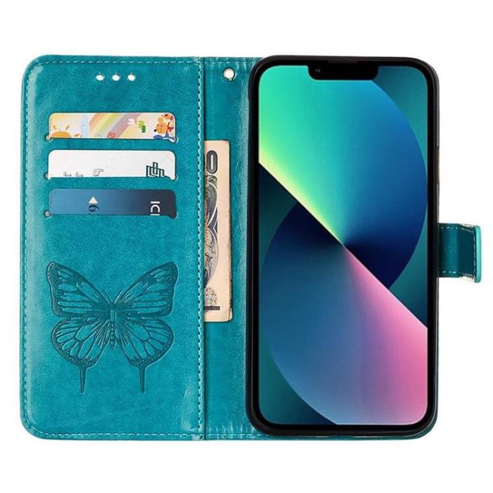 OEM - iPhone 14 Pro Max Plånboksfodral Butterfly Flower Imprinted - Blå