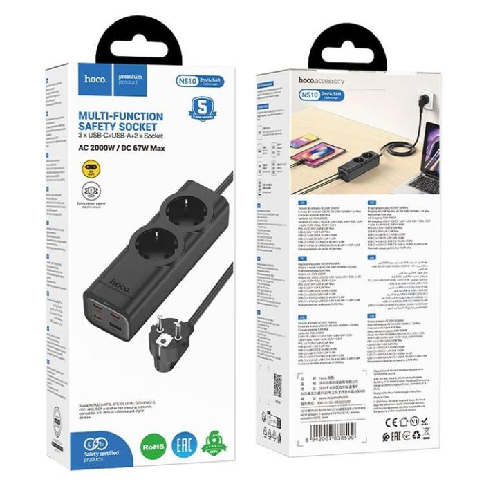 Hoco - Hoco Förlängningssladd 67W 2 uttag 3xTyp-C 1xUSB-A PD QC3.0 3A 2m - Svart