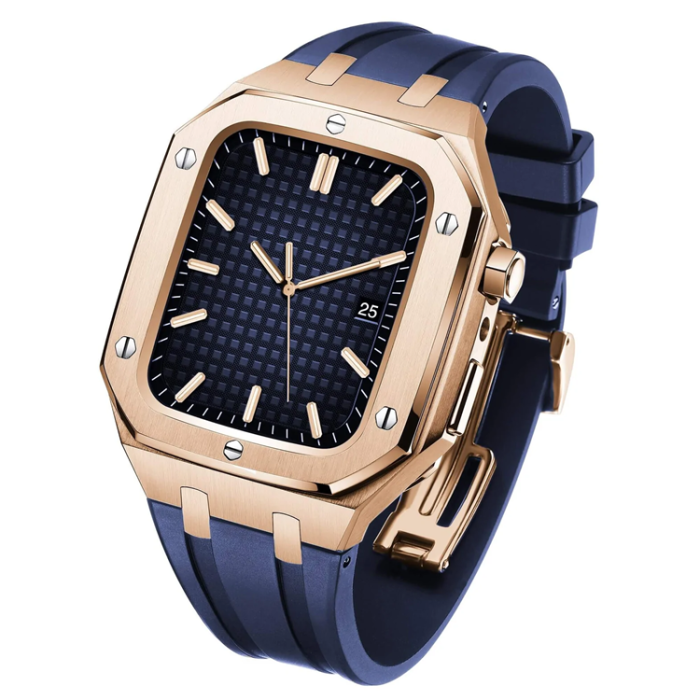 A-One Brand - Apple Watch 4/5/6/SE (44mm) Luxury Band Armor Stainless Steel - Rosa Guld/Blå