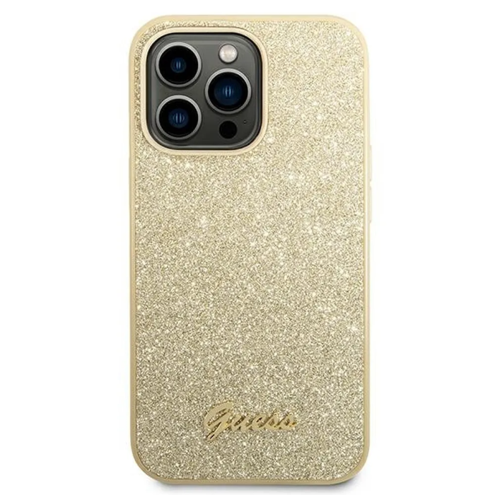 Guess - GUESS iPhone 14 Pro Skal Glitter Flakes Script Metal Logo - Guld