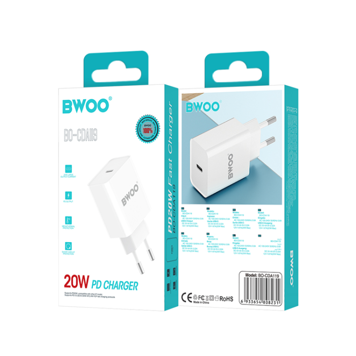 BWOO - BWOO Snabb Väggladdare 20W PD USB-C - Vit