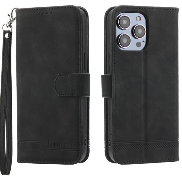 DIERFENG - DIERFENG DF-03 Plånboksfodral för iPhone 15 Pro - Konstläder - Svart