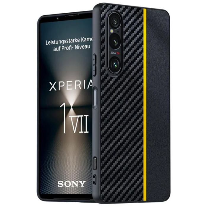 A-One Brand - Sony Xperia 1 VII Mobilskal Läder Carbon Fiber - Svart/Gul