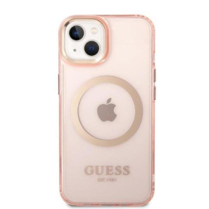 Guess - GUESS iPhone 14 Skal MagSafe Gold Outline Translucent - Rosa