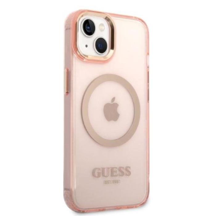 Guess - GUESS iPhone 14 Skal MagSafe Gold Outline Translucent - Rosa