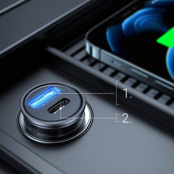 UTGATT1 - Joyroom mini dual port USB Type C/USB 20 W 3 A car charger Grå