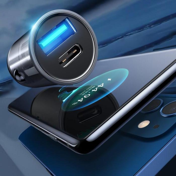 UTGATT1 - Joyroom mini dual port USB Type C/USB 20 W 3 A car charger Grå
