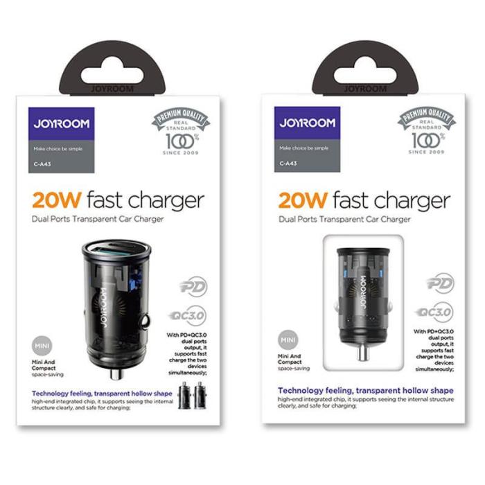 UTGATT1 - Joyroom mini dual port USB Type C/USB 20 W 3 A car charger Grå