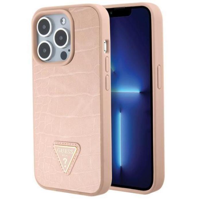 Guess - Guess iPhone 15 Mobilskal Croco Triangle Metal Logo - Rosa