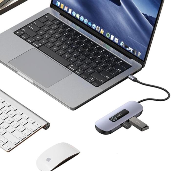 USAMS - USAMS 6in1 Adapter Hubb 100W 2xUSB-A USB-C, HDMI, TF, SD - Grå