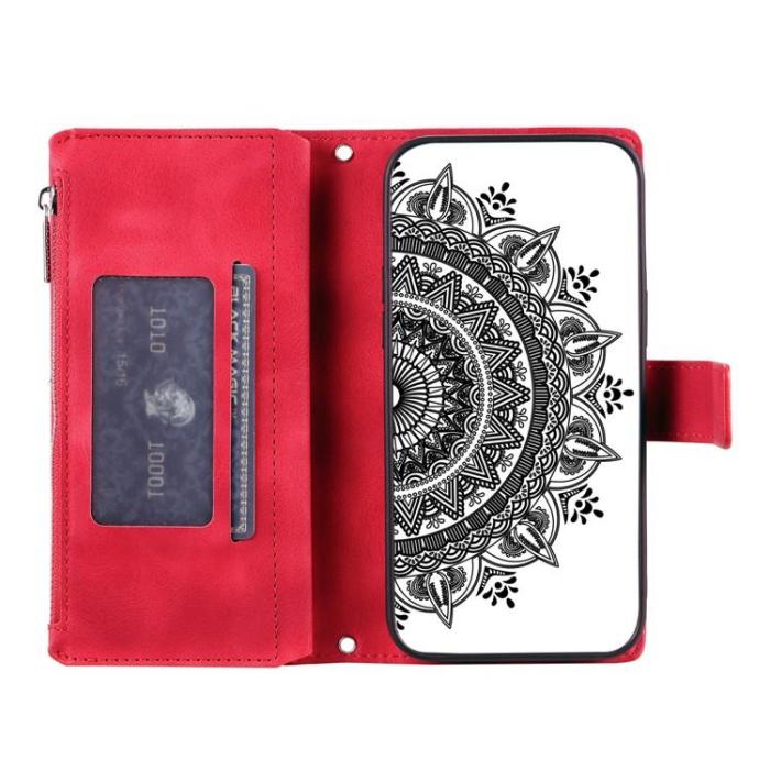 OEM - iPhone 15 Plus Plånboksfodral Mandala Flower Imprinted - Röd