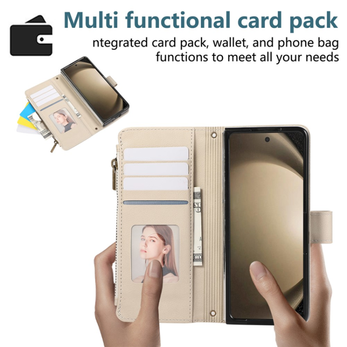 A-One Brand - Galaxy Z Fold7 Plånboksfodral Multi Zipper Läder - Beige