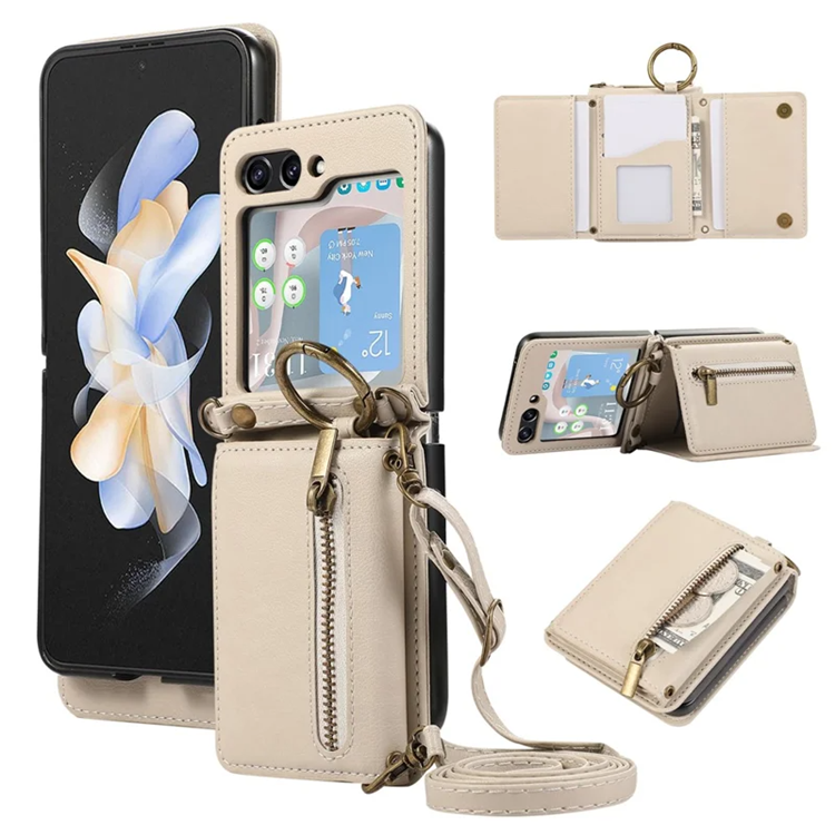 Galaxy Z Flip 7 Plånboksfodral Zipper Kickstand med Axelrem - Beige | 2353 | AlltMobil