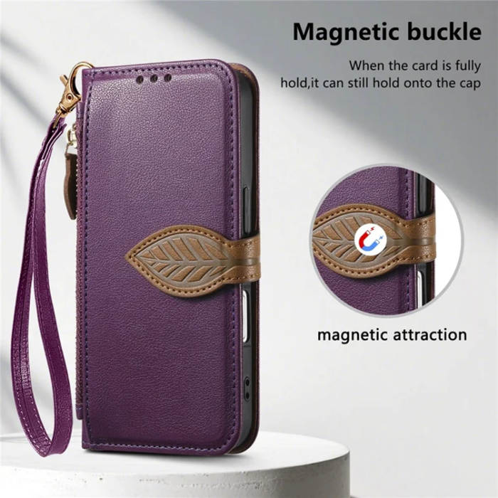 A-One Brand - iPhone 17 Pro Plånboksfodral Leaf Magnetiskt Spänne Konstläder - Lila