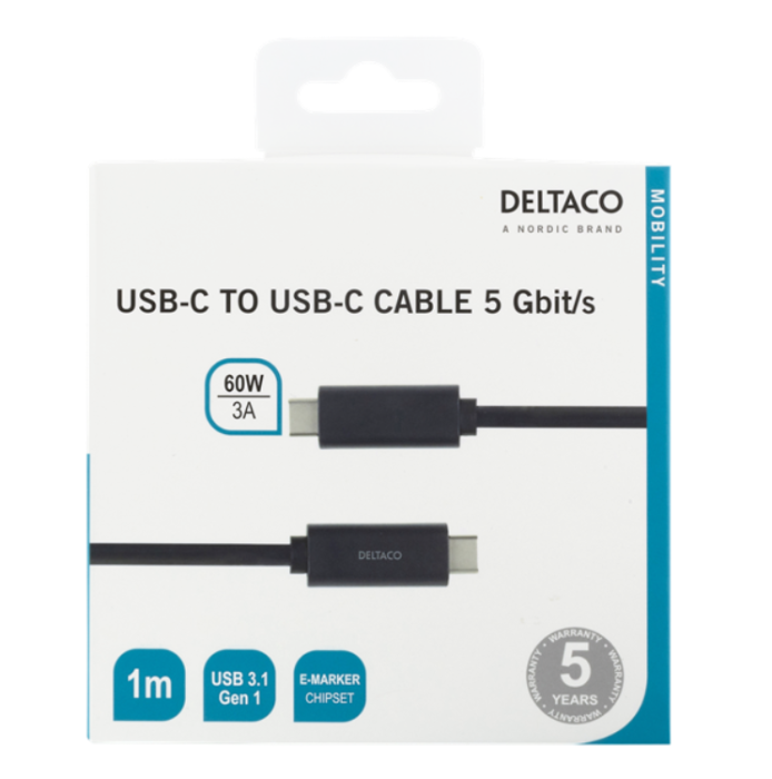 UTGATT1 - Deltaco USB-C till USB-C Kabel 60W 1m - Svart