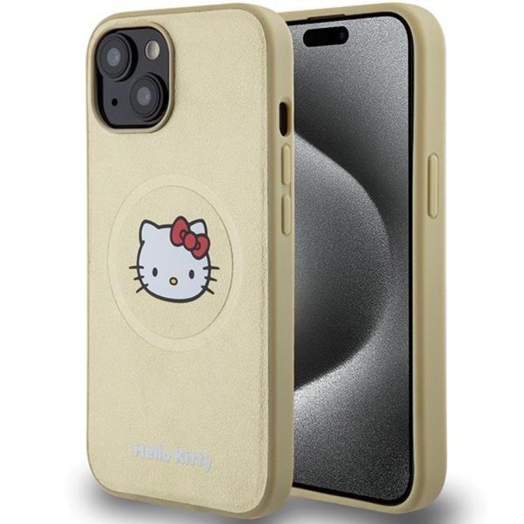 Hello Kitty iPhone 15 Mobilskal Magsafe Läder Kitty Head - Guld | 2353 | AlltMobil