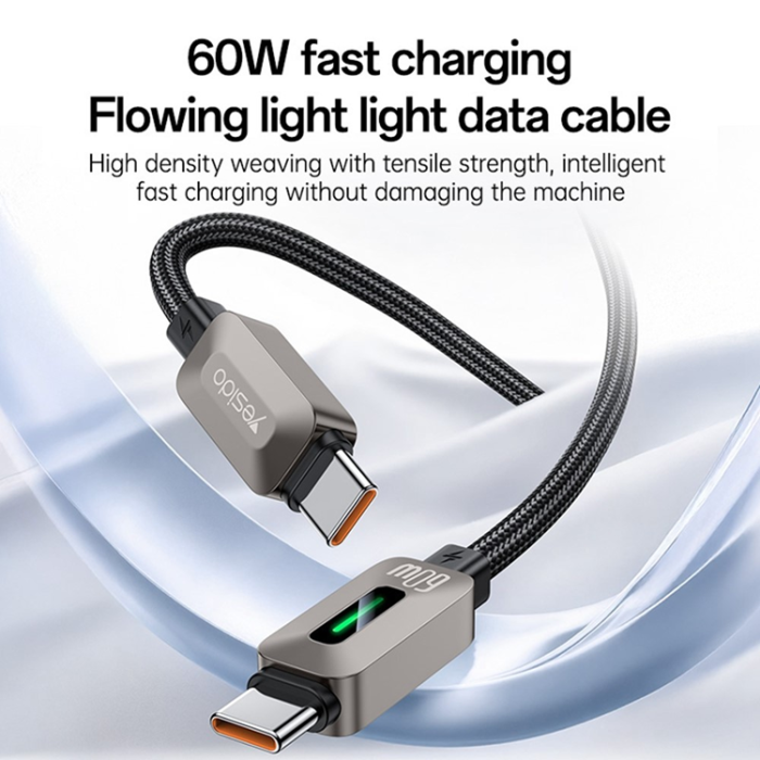 Yesido - YESIDO USB-C - USB-C 60W 3A Kabel 1.2m Zinc Allo - Grå