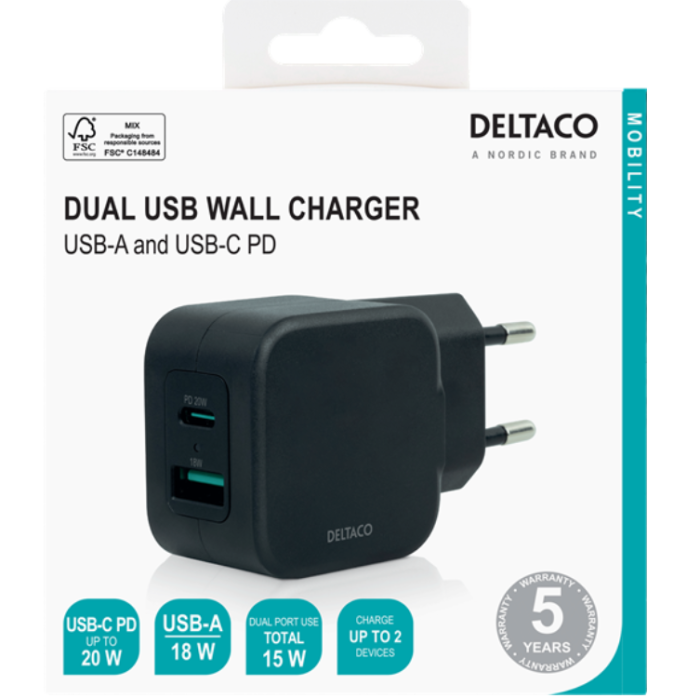 UTGATT1 - Deltaco Power Väggladdare USB-A Till USB-C 20W - Svart